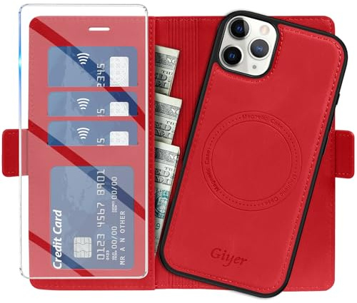 Giyer Handyhülle für iPhone 11 Pro Max Hülle mit Schutzfolie,2 in 1 Abnehmbare PU Leder Wallet Standfunktion Kartenfach Magnetisch Schutzhülle für iPhone 11 Pro Max Klapphülle Case (Rot)