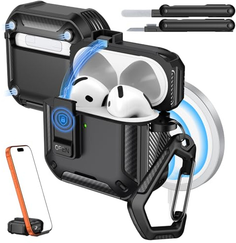 Moko per Custodia AirPods 4 con Chiusura 2024, Nero | Compatibile con MagSafe, Supporto per Telefono & Pop-up Auto per Custodia AirPod 4a Gen, Copertura Protettiva con Kit Pulizia