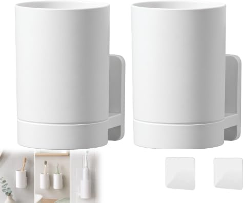 2 Pcs Wall Mounted Toothbrush Holder, Self Adhesive Tooth Brushing Holder Multifunction Tooth Mug Toothpaste Accessories Sets No Drilling for Home Bathroom Accessories(White)