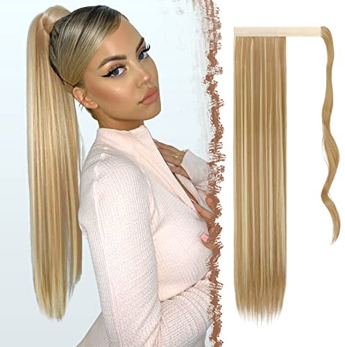 FESHFEN Lang Glattes Pferdeschwanz Haarteil Synthetik Haarverlängerung Zopf Haar Extension für Damen Mädchen, Dreckiges Blond 60 cm