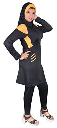 Egypt Bazar Ganzkörper islamischer Badeanzug im Burkini Stil muslimischer Schwimmanzug Hijab (44-46 (L), schwarz/orange)