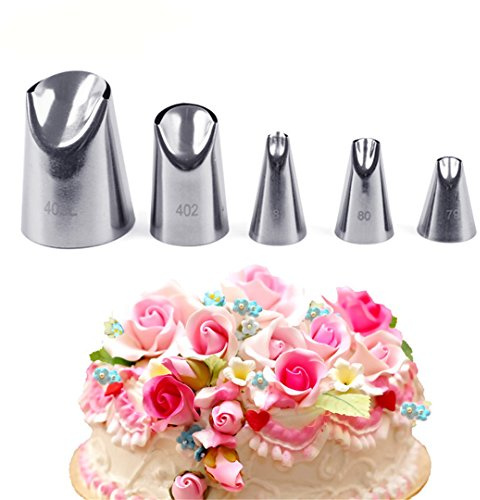 RoseFlower 5 teiliges Edelstahl Spritztüllen Set, Kuchen Einrichtungstipps Sahnehäubchen Rohrleitungen Düsen Gebäck Tipps Deko Backset zum Dekorieren von Torten, Keksen, Kuchen