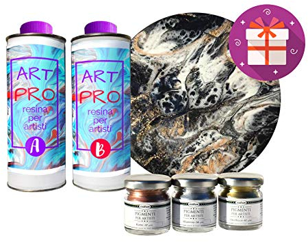 Resin Pro - MICHELANGELO SET mit Giessfarben - 1,6 KG Epoxidharz ART PRO + 3 Metallpigmente, Erstellung künstlerischer Objekte, DIY, Oberflächenbeschichtung, (inkl. Leinwand)