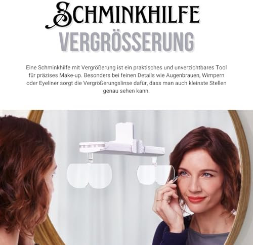 Younilook Kosmetik-Hilfe | Schminkhilfe mit Vergrößerung | 4 Wechselbare Linsen (+1,00 bis +3,75 Dioptrien) | LED-Beleuchtung | Verstellbarer Abstand | Nano-Grip Befestigung | Reisefreundlich