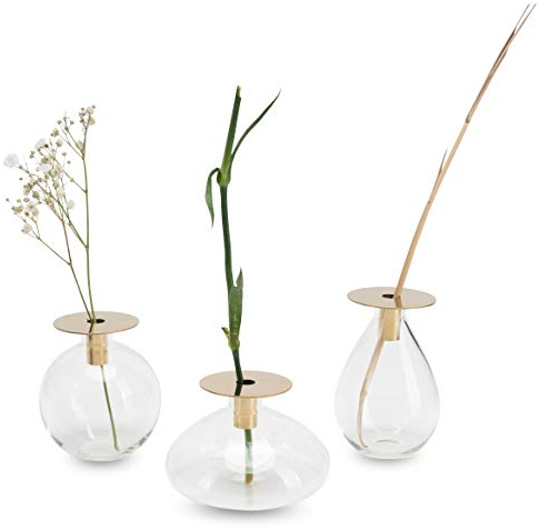 LUUK LIFESTYLE Juego de 3 jarrones, Bola de Vidrio Minimalista, Objeto Decorativo para un Interior escandinavo, jarrón pequeño, Redondo, Ovalado, con Cuello de latón Dorado y Soporte de Madera