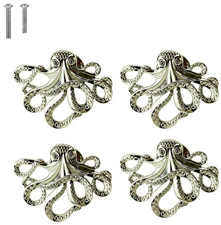 ZILucky Oktopus Schubladenknöpfe, maritimes Strand-/Ozean-Design, Heimdekoration, Schubladengriffe für Kommode, Schrank, Kleiderschrank, Küchenschrank, 4 Stück (Silber)