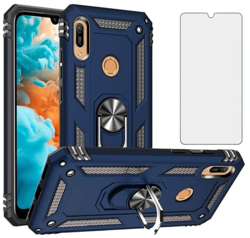 Asuwish Coque pour Huawei Y6 2019/Y6s/Honor 8A avec Verre Trempé et Magnetique Anneau Support Antichoc Protection Robuste Hawaii 6Y Pro 2019 JAT-L41 MRD-LX1 Telephone Téléphone Case Femme Homme Bleu