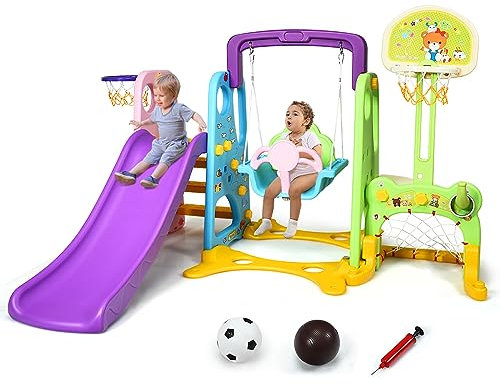COSTWAY Parco Giochi 6 in 1 Multi Giochi da Giardino, con Altalena e Scivolo, Pallacanestro e Porta da Calcio, 209x174x115 cm, per Bambini 3-8 Anni (Viola)