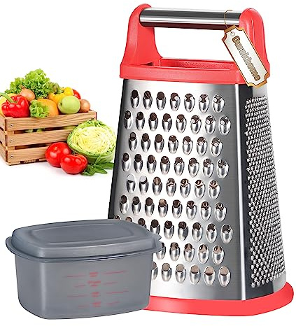 Ourokhome Cheese Grater with Handle, Stainless Steel Box Grater, 4 Side Kitchen Vegetable Shredder Slicer Zester with Container for Parmesan, Cabbage, Ginger, Lemon, Chocolate, Coconut (Red)