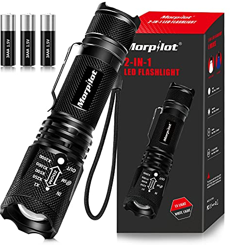 Morpilot Lampe de Poche 2 en 1, UV 395nm et Blanche 500LM Lampe Torche LED, 4 Modes, Zoom, Lampe Ultraviolet, Aluminium Anti-Chute, Etanche IPX4, Piles incluses