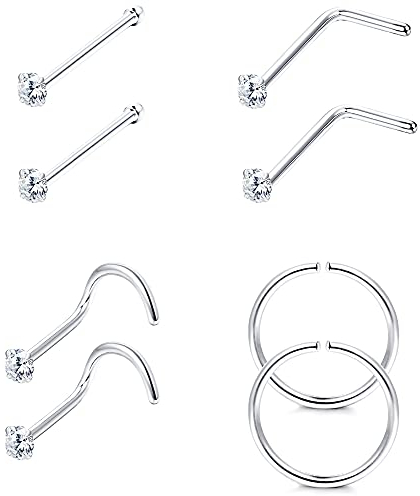 Sllaiss 22G S925 Sterling Silver Nose Rings Studs for Women Men Cubic Zirconia L Shaped Nose Stud Corkscrew Nose Ring Helix Piercing Jewellery Set 1.5MM
