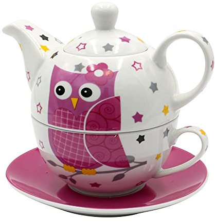 Dekohelden24 Porzellan Teekannen-Set/Tea for one mit Eule in weiß/pink, 3-teilig, L/B/H 16 x 14 x 10 cm, Fassungsvermögen Kanne - Tasse 400-200 ml