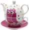 Dekohelden24 Porzellan Teekannen-Set/Tea for one mit Eule in weiß/pink, 3-teilig, L/B/H 16 x 14 x 10 cm, Fassungsvermögen Kanne - Tasse 400-200 ml