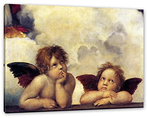 Pixxprint Raffael - Sixtinische Madonna zwei Engel, Weiß, Größe: 80x60cm, Leinwandbild, fertig gespannt, Wandbild, Dekoration, Kunstdruck, kein Poster