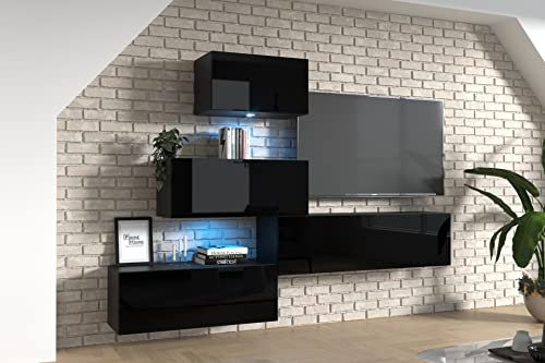 Furnitech Wohnwand Wohnzimmer | Wohnzimmer Möbel mit LED RGB - 16 Farben | Hängend Wohnwand Modern | Wohnzimmer Schrankwand mit Regale und TV Schrank (EX14-21B-HG1)