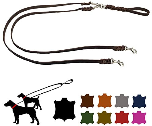 Hundeleine Fettleder Zwei Hunde Zwillingsleine kleine Hunde/große Hunde Doppelleine (1,50m X 12mm, Cognac)