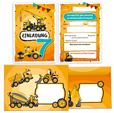 Junapack 12 Einladungskarten incl. 12 Umschläge zum 7. Kindergeburtstag siebte Geburtstag Jungen Baustelle Geburtstagseinladungen