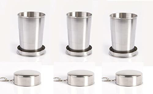 Sport Store - Juego de 3 vasos plegables de acero inoxidable con gancho para camping, viajes en fiestas