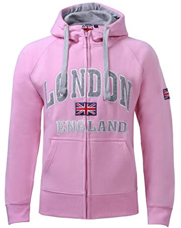 Itzu Felpa con cappuccio da uomo con zip intera di Londra, Inghilterra, Rosa pastello, L