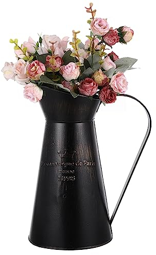 YARNOW Metal Galvanized Watering Can Vase Shabby Chic Rustic Farmhouse Jug Vintage Iron Flower Bucket Pitcher Wedding Planter Table Centerpiece Black
