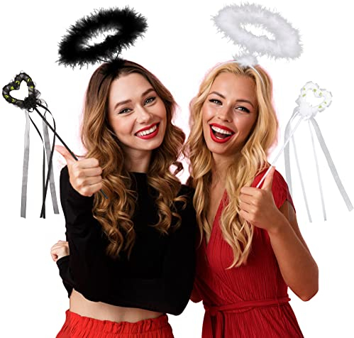 BOFUNX 4 Stücke Heiligenschein Engel Haarreif Set, Haarreifen Engel Weiß Schwarz + Engel Zauberstab für Halloween Karneval Kostüm Cosplay Party Outfit