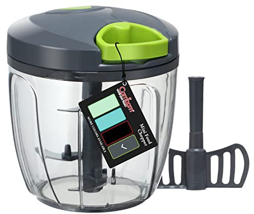 Cambom Manual Food Vegetable Chopper with 5 Blades, Easy Hand Pull Portable Garlic Crusher, Whisk and Smoothie Blender, 900ml(Gray)