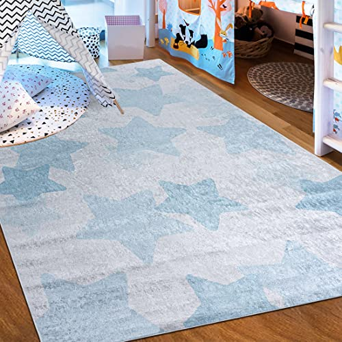 Mazovia Kinderzimmerteppich Antirutsch - Waschbar bis 30 Grad - Sterne - Kurzflor Kinderteppich Teppich für Kinderzimmer - ÖKO-TEX Zertifiziert - Teppiche Junge Mädchen Blau Grau 140 x 200 cm
