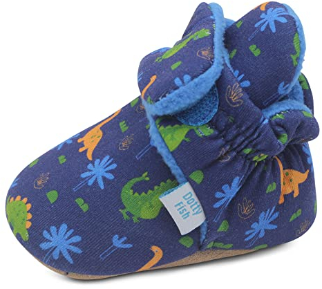 Dotty Fish Botas de Bebé de Algodón Orgánico con Forro de Lana. Pantuflas Ajustables. Suela Suave Antideslizante. Patucos Zapatos. Azul oscuro con dinosaurios. 6-12 meses