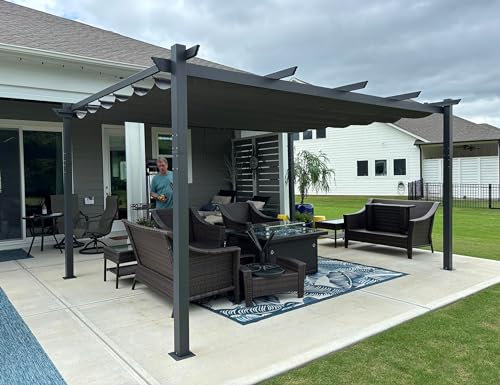 PURPLE LEAF Pergola Aluminium 4,8 x 3,5 m Tissu Teint en Fil, Pergolas pour Terrasse Extérieur, Pergola Jardin Extérieur Toit Coulissante, Pavillon de Jardin, Gris