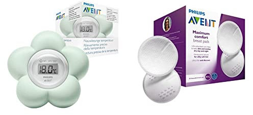 Philips Avent Thermomètre numérique de bain pour bébé, 100% étanche et mesure précise de la température (Modèle SCH480/00) & SCF254/61 60 coussinets d'allaitement jetables - jour et nuit