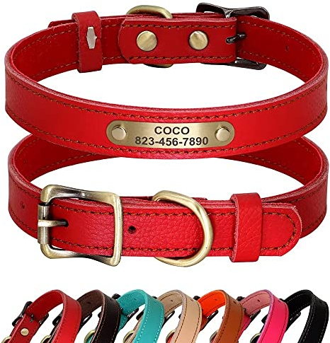 PET ARTIST Personalisiertes Hundehalsband aus echtem Leder, leicht und weich, 7 schöne Farben, langlebiges Hundehalsband für Welpen und kleine Hunde, Rot, Größe S