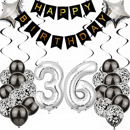 Kiwochy Luftballon 36. Geburtstag Dekoration - Black and Silber Party Deko für Junge, Männer, Frauen - Geschenk 36 Jahre