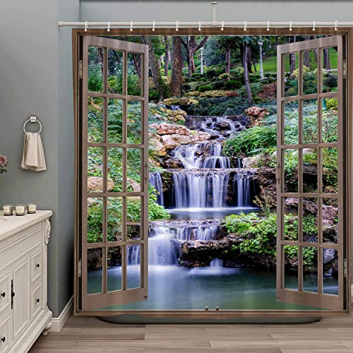 ZZYSKS Forest Waterfall Shower Curtain Jungle Scenic Tropical Rainforest Green Trees Spring Nature Scenery Christmas Bathroom Accessories Set Polyester Fabric with Hooks 70Wx70H Inch