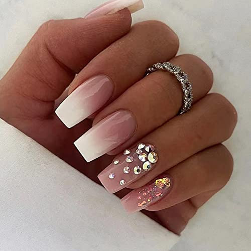 AKOFIC 24 Pcs False Nails Medium, French Acrylic Press on Nails, Stylish Nude Coffin Square Fake Nails with Jelly Glue Stick on Nails for Women Nail Art Manicure Decoration