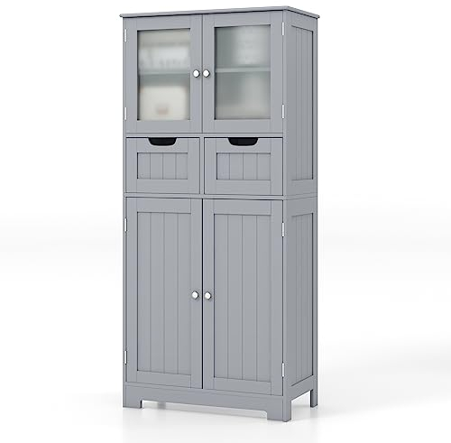 RELAX4LIFE Bathroom Floor Cabinet, Free Standing Storage Cupboard with 2 Drawer, Double Door Cabinet & 3-Height Adjustable Shelves, Wooden MDF Organiser Unit for Entryway Living Room Kitchen (Grey)