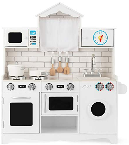 COSTWAY Cucina Giocattolo per Bambini, Cucina Legno per Bambini con Lavatrice, Piano, Cottura Forno e Microonde, 3 Anni+, Bianco