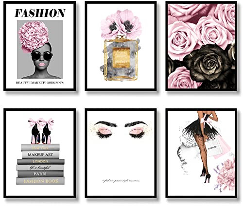 HOGEBIG Pink Fashion Canvas Wall Art Prints Trendy Canvas Poster Picture Artwork Glam Room Wall Decor Woman Makeup Flowers Perfume Art Print for Bedroom Bathroom (8x10 UNFRAMED)
