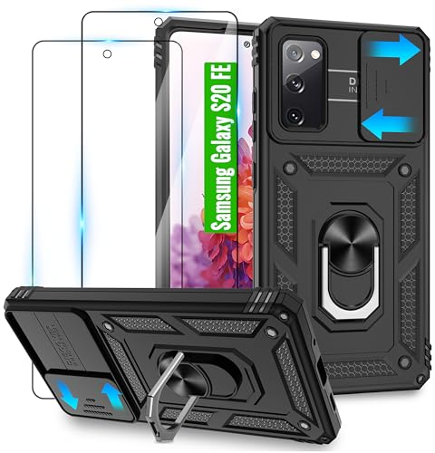 Jshru Handyhülle für Samsung Galaxy S20 FE Hülle,mit 360° Drehbarer Metall Ring Ständer[mit 2 Schutzfolie] Militär Standard Stoßfest Case,Kameraschutz Handyhülle für Samsung S20 FE 4G/5G,Schwarz