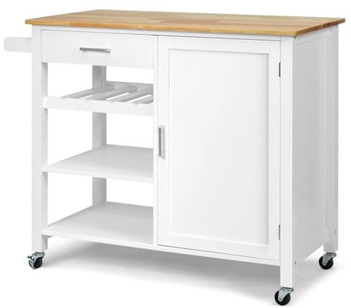 GiantexUK Kitchen Island Cart on Wheels, Mobile Storage Trolley with Oak Wood Countertop, Adjustable Shelves, Towel Rack & Wine Rack, Utility Serving Trolley for Dining Living Room (White Body)