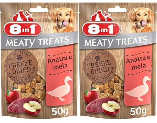 8in1 Meaty Treats, gefriergetrocknete Hunde Leckerlis mit Ente & Apfel, getreidefrei und ohne Zucker, 50 g Beutel (Packung mit 2)