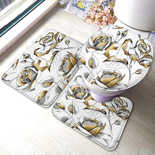 3 Piece Bath Mat Set Gold Rose Flowers On A White Background Door Mat Durable Front Doormat, For Bathroom, Outdoor