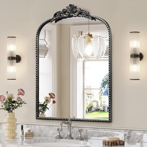 Wiserset Arched Antique Wall Mirror with Beaded Frame, Vintage Black Bathroom Vanity Mirror, Ornate Arch Mirror for Over Sink/Fireplace/Entryway, 24”x32”