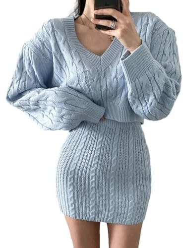 COSKTIARL Zweiteiliges Damen-Strickset – Zweiteiliger Pullover, Hohe Taille, Hüftwickelrock, Damen-Winterkleidungssets, Damen-Pjs-Sets, Loungewear, Wie Abgebildet, M