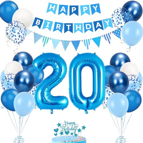 20. Geburtstag Deko Blau, Luftballon 20. Blaue, Geburtstagsdeko 20 Jahr, Junge 20 jahre Luftballon deko Blau, Zahl 20 Helium Luftballons Tortendeko Blau Weiß Ballons für Geburtstag Party Deko