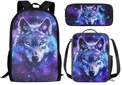 chaqlin Lot de 3 sacs d'école pour enfants avec sac à déjeuner, trousse à crayons, motif animal, dinosaure, loup, football, sacs à livres pour garçons et filles, Loup animal ciel étoilé, One Size, Sac