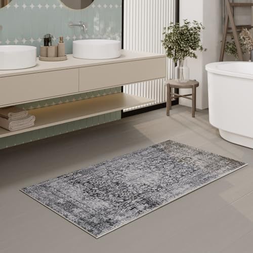 Vintage Badezimmerteppich von WECONhome - Hochwertig und waschbar - Trendiges Wohnaccessoire für Modernes Bad-Design - Ralph (80 x 150 cm, grau)