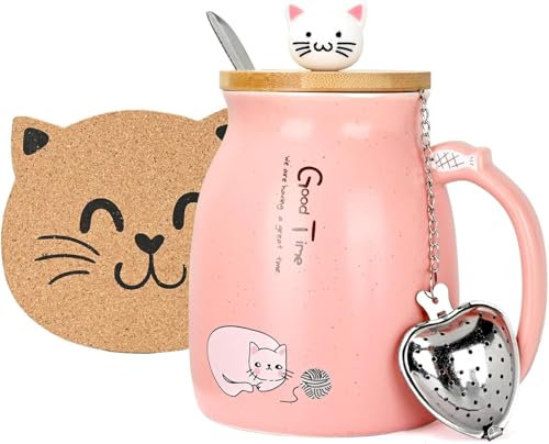 pobuu tazze da caffè in ceramica,Tazza Gatto con Infusore per tè,Coperchio,Cucchiaio Sottobicchieri,Tazza da caffè novità Natale Regalo per Gli Amanti dei Gatti Donne,450ml