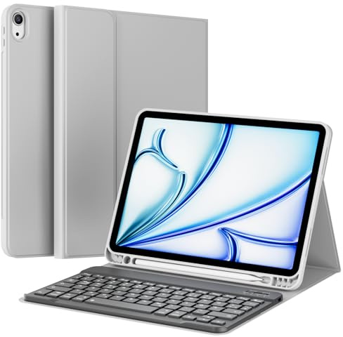 zoyu für iPad Air 11 Zoll 2025 2024 / iPad Air 10,9 Zoll 2022 2020 (7./6./5./4. Generation) Hülle mit Tastatur, Magnetisch Bluetooth Tastatur QWERTZ, Abtrennbar Unabhängige Nutzung, Grau