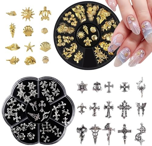 Zonoori Nail Art Charms Gold, für Nägel DIY, Kreuz, Verchromtes Metall, Silberner, Mit Pinzette Und Bohrstift