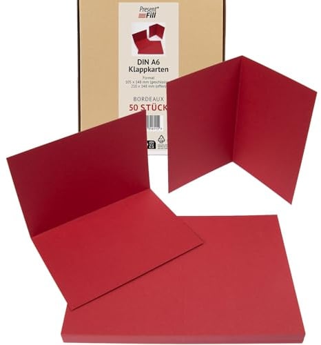 PresentFill® Klappkarten blanko in Bordeaux Rot - 50 Faltkarten A6, Klappkarte ideal zum Karten selbst gestalten, beschriften oder bedrucken - passend für C6 Umschläge